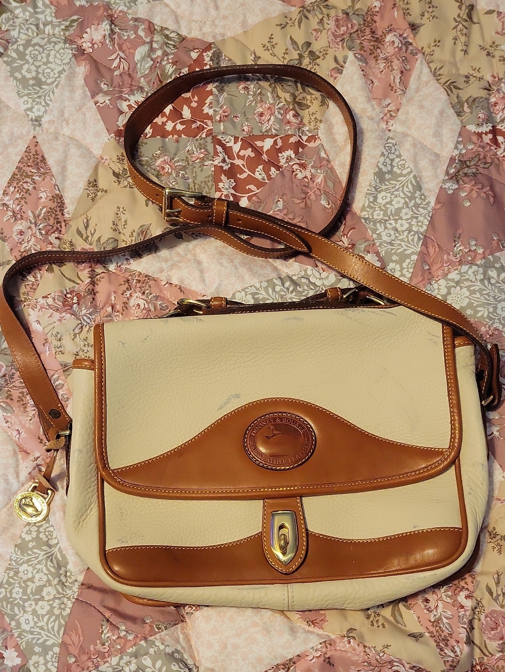 Dooney & Bourke Cream and Tan Leather Flap Crossbody